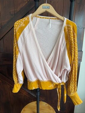Free People Blush Pink Wrap Top with Mustard Floral Sleeves